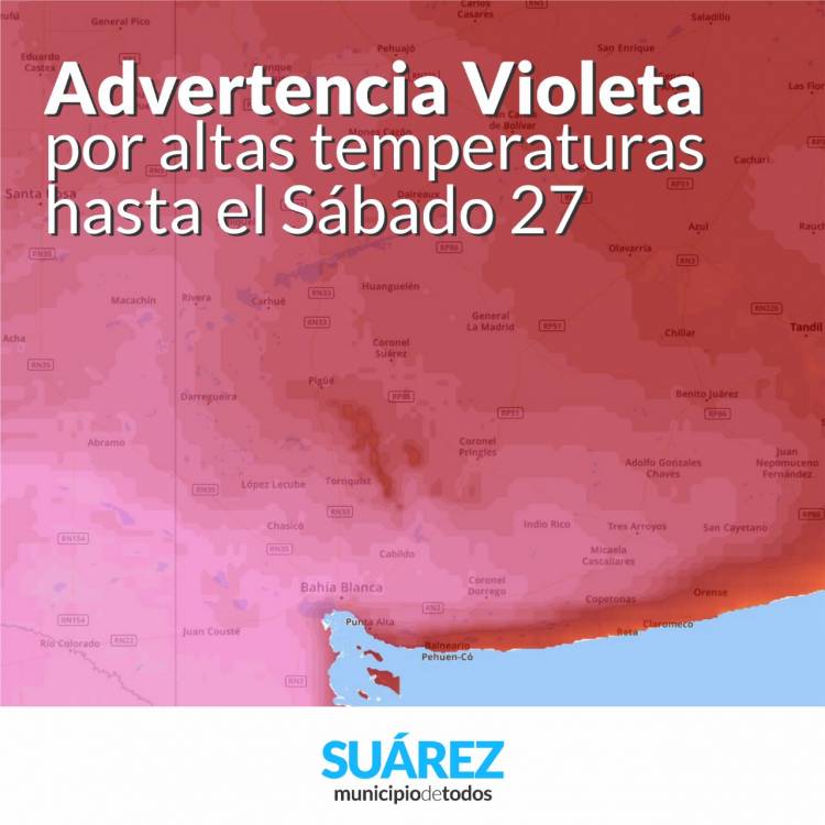 Servicio Meteorológico de Coronel Suárez: Advertencia Violeta por altas temperaturas