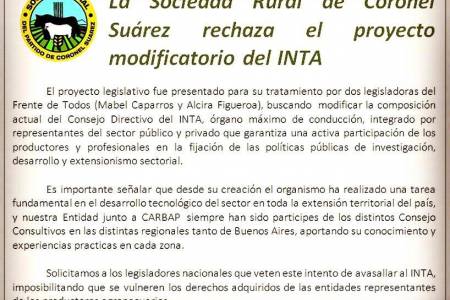La Sociedad Rural de Coronel Suárez rechaza el proyecto modificatorio del INTA