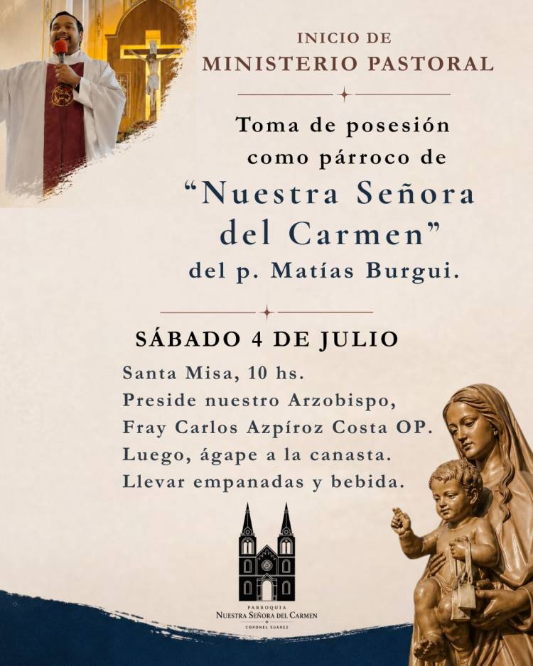 El P. Matías Burgui iniciará su ministerio pastoral como párroco de Nuestra Señora del Carmen.