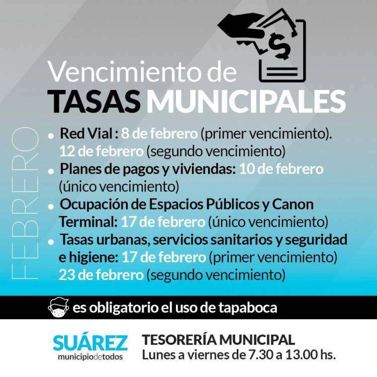Vencimiento de tasas municipales del mes de febrero