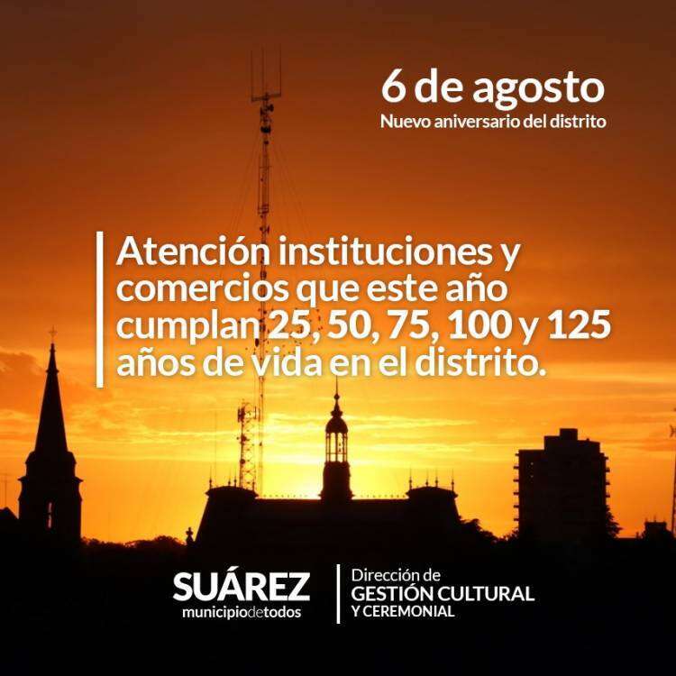 Atención instituciones y comercios que este año cumplan 25, 50, 75, 100 y 125 años de vida en el distrito 