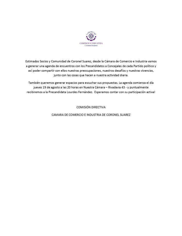 La Cámara de Comercio e Industria invita a la comunidad a participar de los encuentros con los Precandidatos a Concejales de cada Partido político