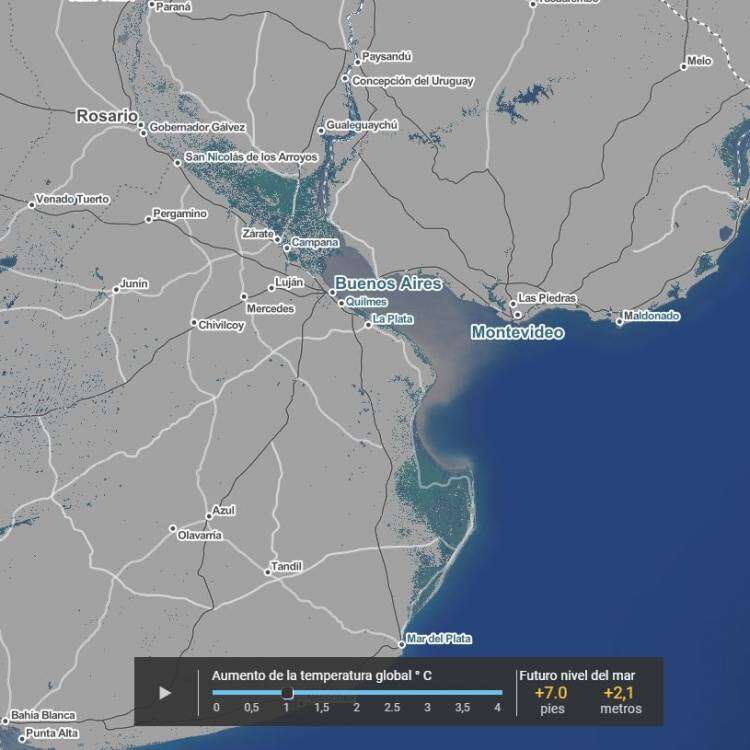 Las provincias de Buenos Aires y Entre Ríos, bajo el agua en el año 2100