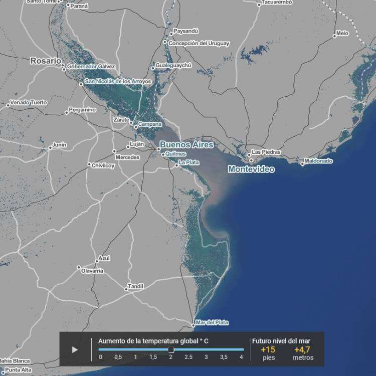 Las provincias de Buenos Aires y Entre Ríos, bajo el agua en el año 2100