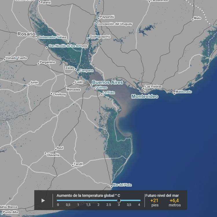 Las provincias de Buenos Aires y Entre Ríos, bajo el agua en el año 2100