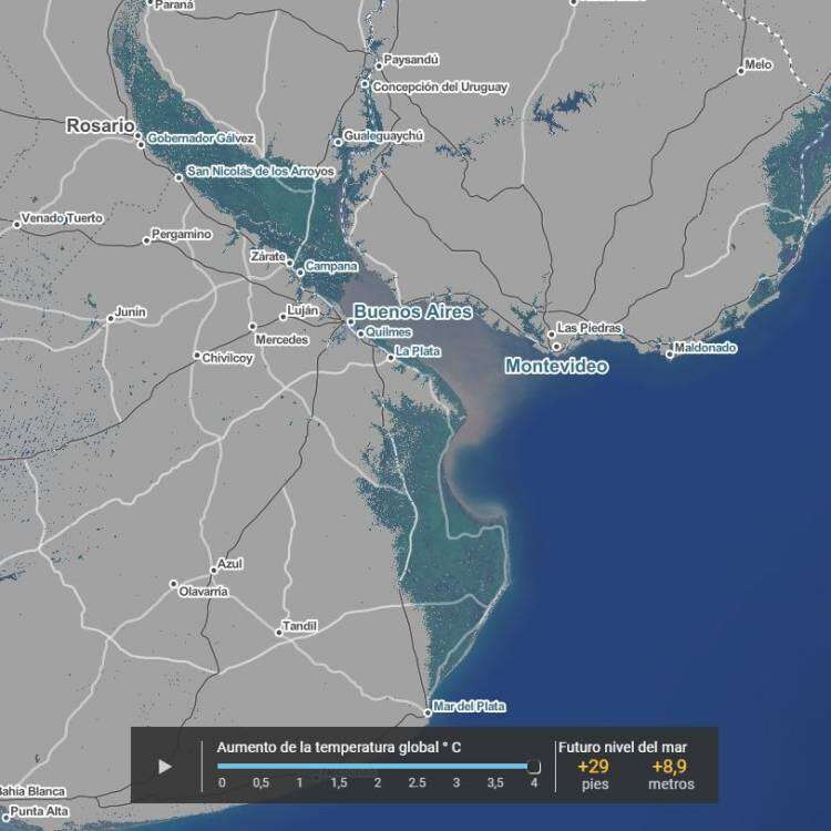 Las provincias de Buenos Aires y Entre Ríos, bajo el agua en el año 2100