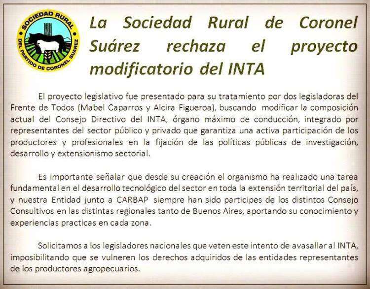 La Sociedad Rural de Coronel Suárez rechaza el proyecto modificatorio del INTA