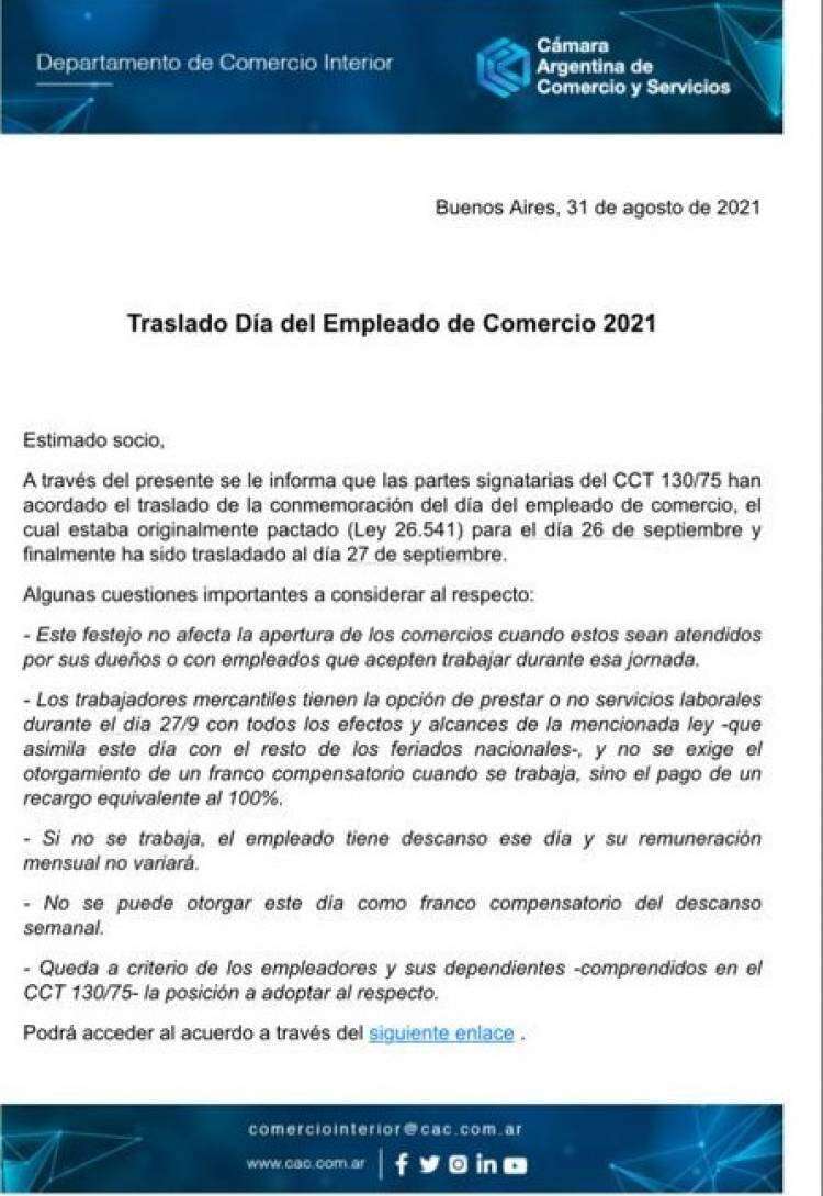 Se traslada el Día del Empleado de Comercio