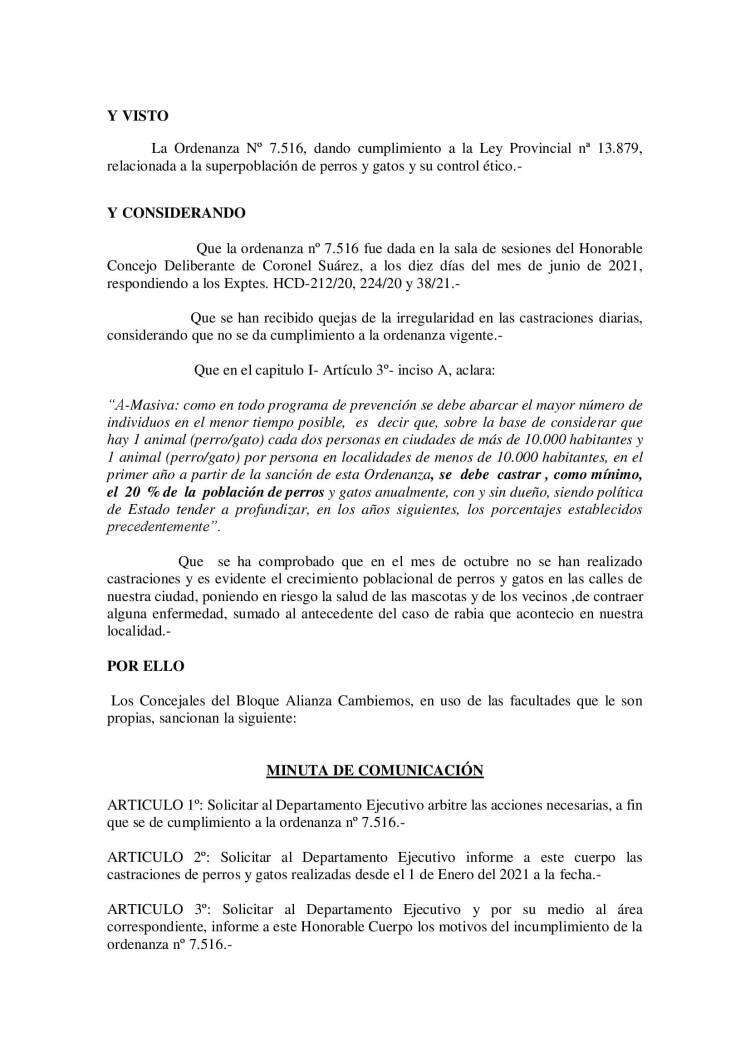 Los Concejales del Bloque Alianza Cambiemos presentaron una minuta para que se cumpla la Ley Provincial de control de animales