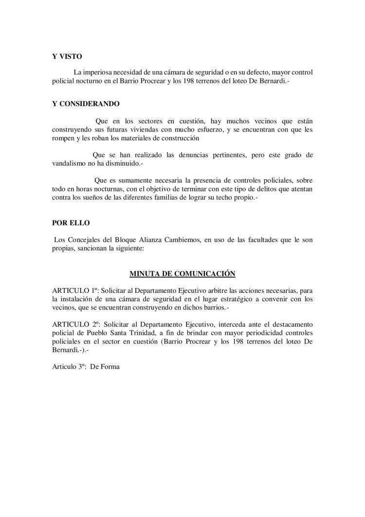 Los Concejales del Bloque Alianza Cambiemos presentaron una minuta para tener mayor control policial en Santa Trinidad