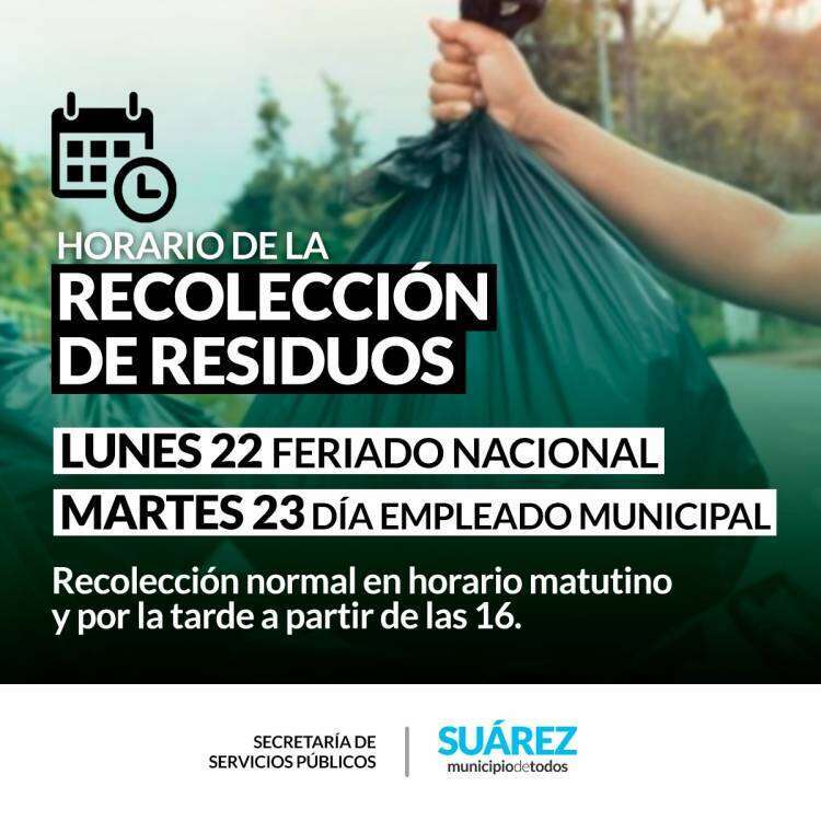 Horario de recolección de residuos durante los feriados del lunes 22 y el martes 23