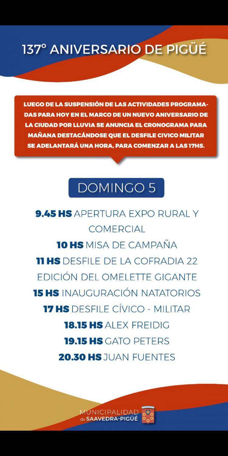 Cronograma del 137° aniversario de Pigüé