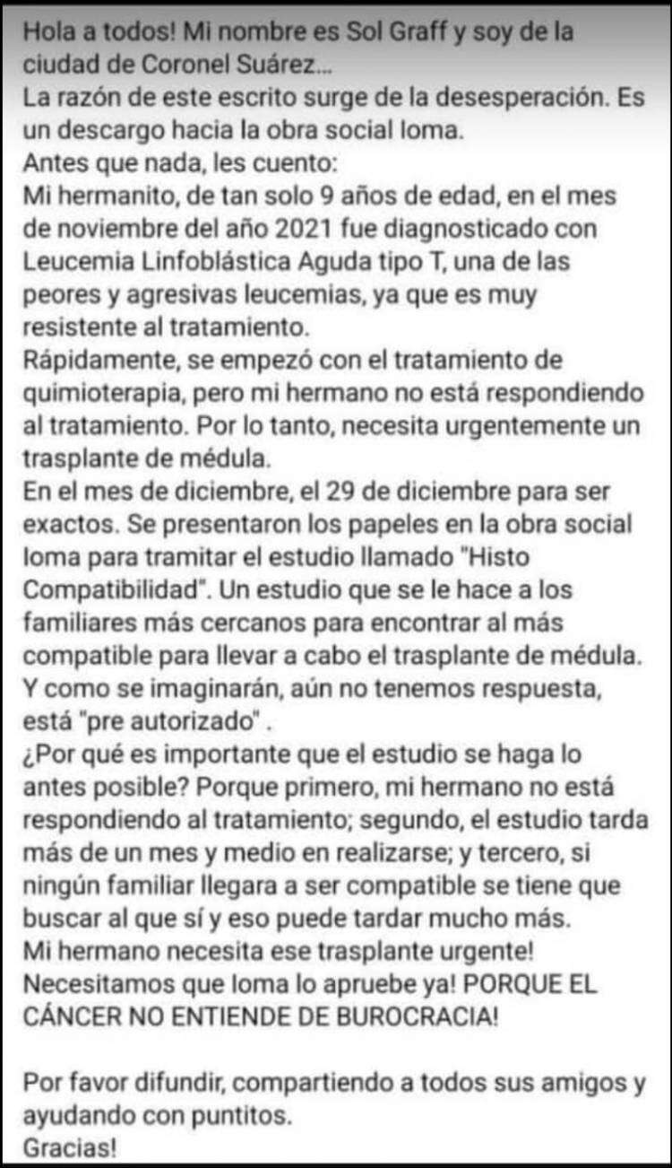 Desesperado pedido de una mamá suarense a IOMA para que autorice un estudio a un hijo que padece leucemia