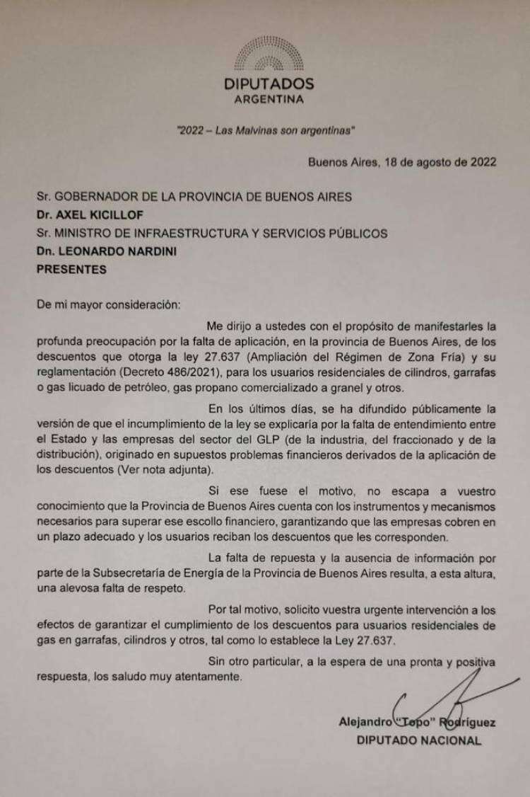 Reclaman a Kicillof la urgente aplicación de los descuentos en garrafas por zona fría 