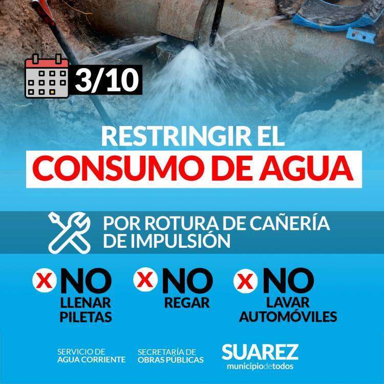 SERVICIOS SANITARIOS: Se solicita restringir el consumo de agua por rotura de cañería de impulsión