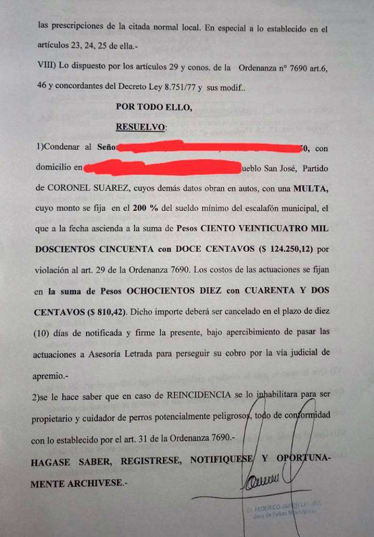 Deberá pagar una multa de $ 125 mil pesos porque su perro mordió a un vecino
