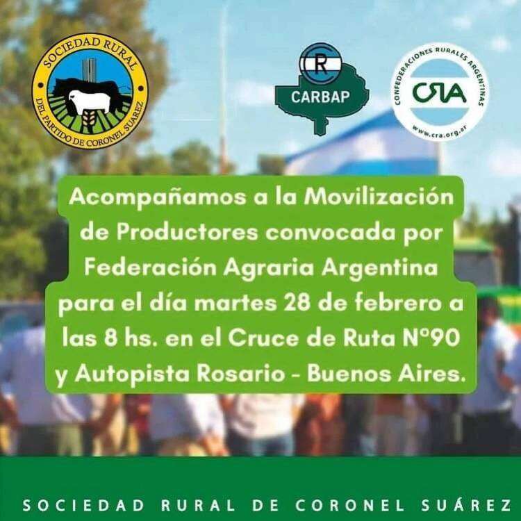 La Sociedad Rural de Coronel Suárez y CARBAP acompañan la movilización de productores convocada por la FAA