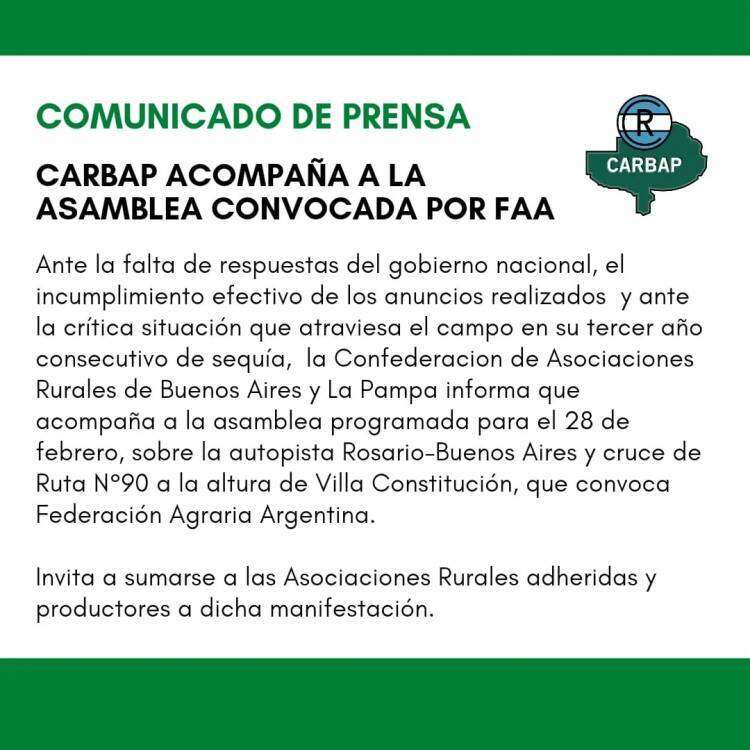La Sociedad Rural de Coronel Suárez y CARBAP acompañan la movilización de productores convocada por la FAA