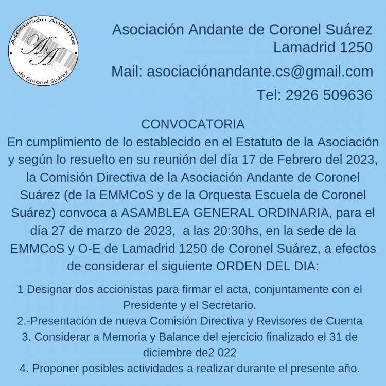 Convocatoria de la Asociación Andante de Coronel Suárez