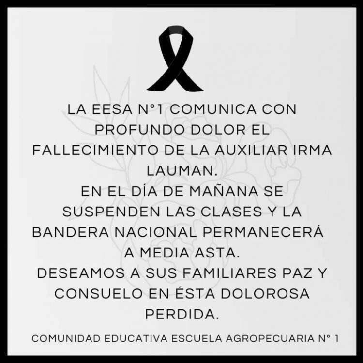La Escuela Agropecuaria suspendió las clases este miércoles por el fallecimiento de una Auxiliar