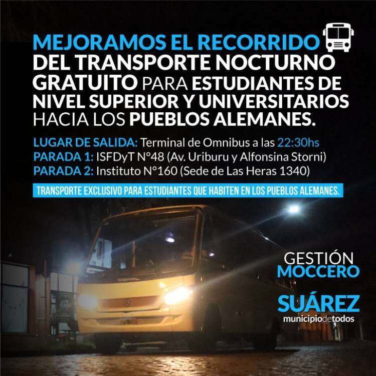 Mejora el recorrido del transporte nocturno gratuito para estudiantes del Nivel Superior y Universitarios hacia los pueblos alemanes