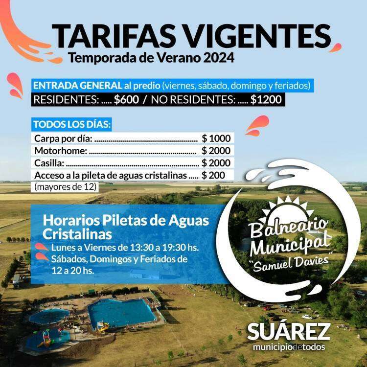 Tarifas vigentes de la temporada de verano 2024 en el Balneario Municipal