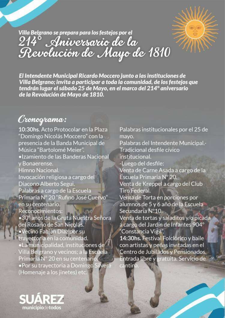 La comunidad de Villa Belgrano prepara los festejos por el 214° aniversario de la Revolución de Mayo de 1810