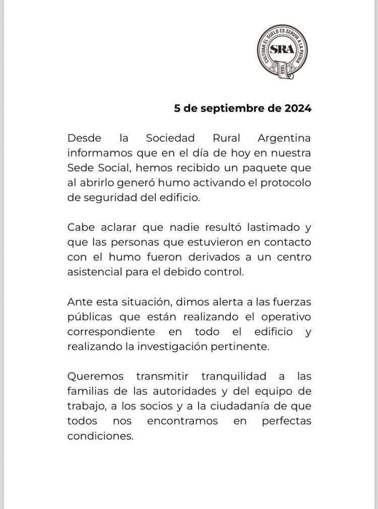 Enviaron un paquete explosivo a Nicolás Pino, presidente de la Sociedad Rural Argentina