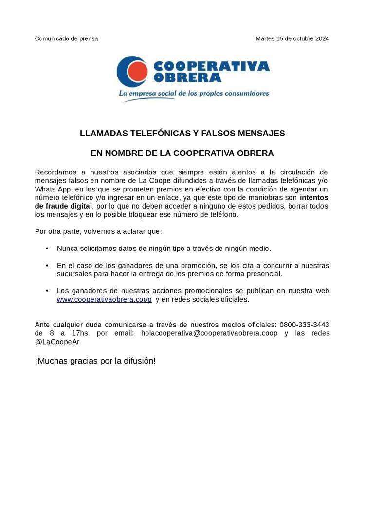 La Cooperativa Obrera alerta a la población sobre estafas en su nombre