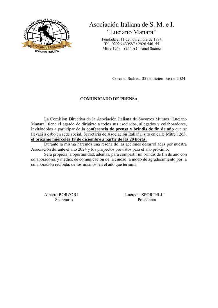 Brindis de finde año y balance de las actividades en La Asociación Italiana "Luciano Manara"