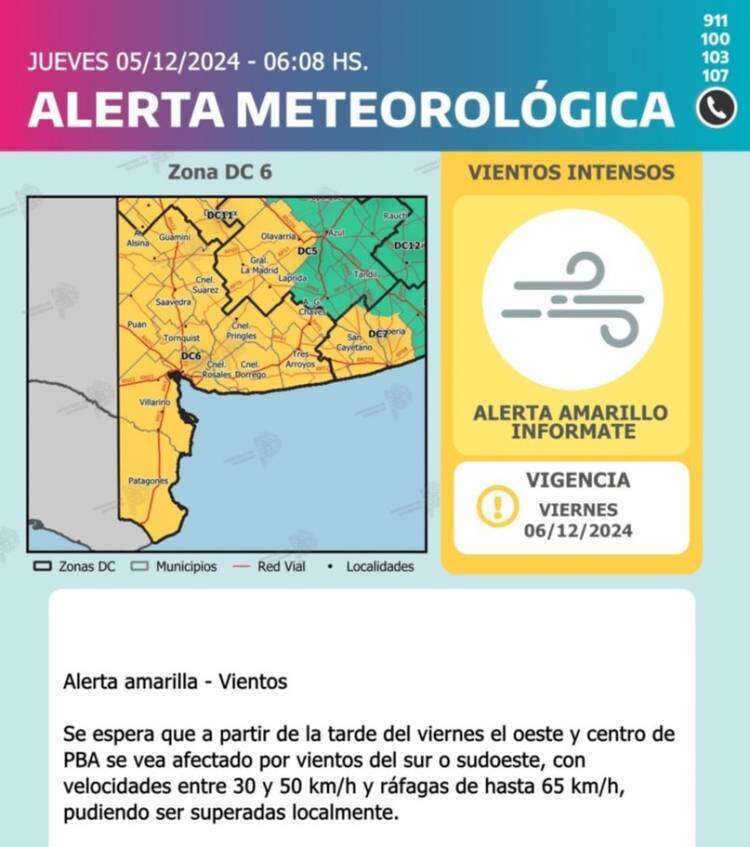 Emiten una alerta amarilla por vientos para el viernes a la tarde en Suárez y la región