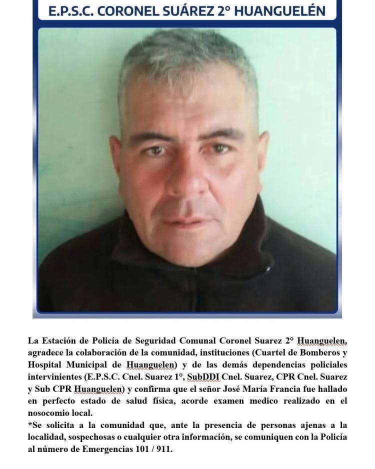 Huanguelén: encontraron al hombre que era intensamente buscado desde ayer 