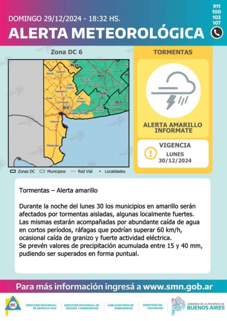 Alerta amarilla para este lunes a la noche en Suárez y la región