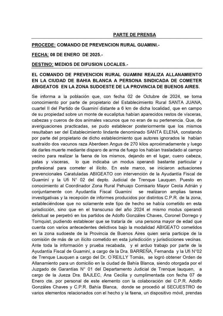 EL COMANDO DE PREVENCION RURAL GUAMINI REALIZA ALLANAMIENTO EN LA CIUDAD DE BAHIA BLANCA A PERSONA SINDICADA DE COMETER ABIGEATOS EN LA ZONA SUDOESTE DE LA PROVINCIA DE BUENOS AIRES.