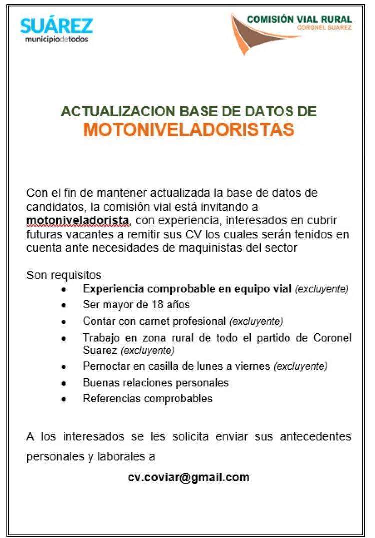 Convocatoria para Motoniveladoristas: Actualización de Base de Datos para Vacantes