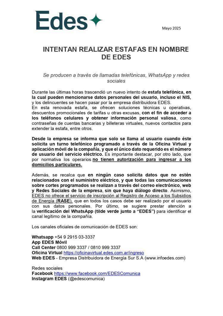 INTENTAN REALIZAR ESTAFAS EN NOMBRE DE EDES