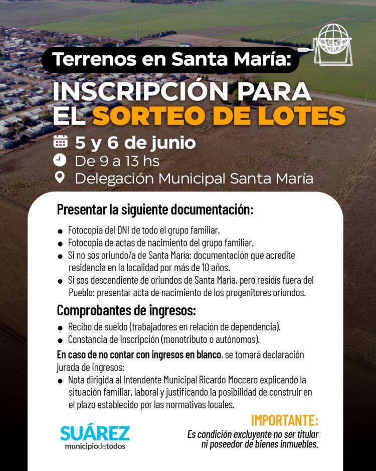 Terrenos en Santa María: Inscripción para el sorteo de lotes