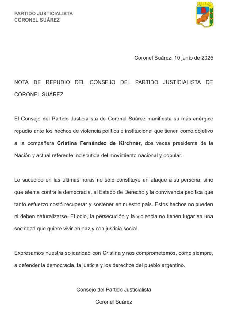NOTA DE REPUDIO DEL CONSEJO DEL PARTIDO JUSTICIALISTA DE CORONEL SUÁREZ