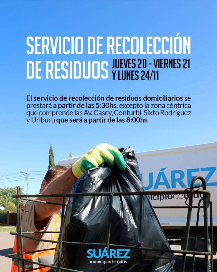 Servicio de recolección de residuos domiciliarios JUEVES 20, VIERNES 21 Y LUNES 24 DE NOVIEMBRE