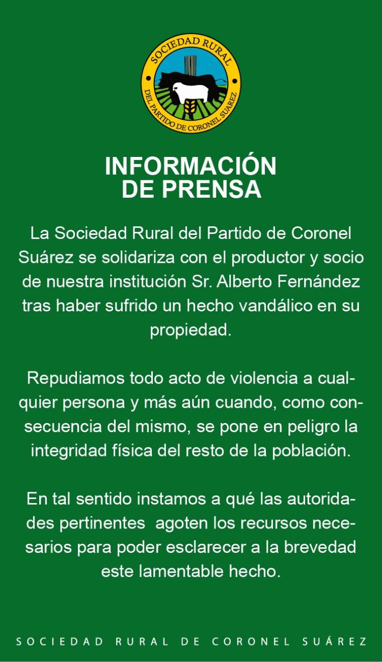 La Sociedad Rural repudia el hecho vandálico contra la propiedad de Alberto Fernández 