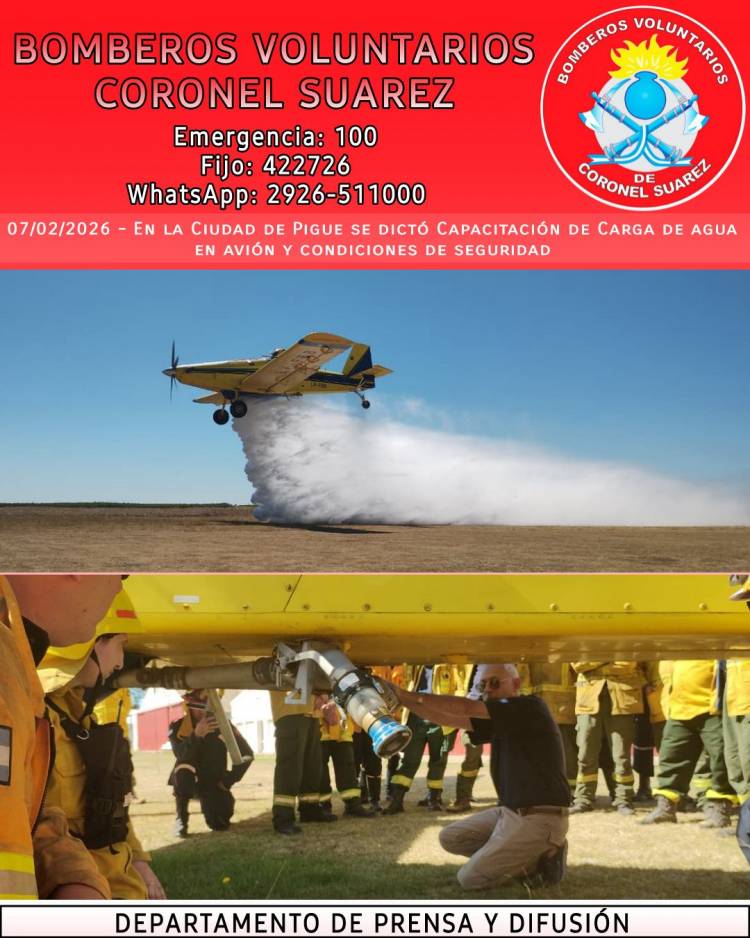 Capacitación sobre abastecimiento de agua para aviones hidrantes en Pigüé - Bomberos voluntarios