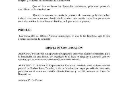 Los Concejales del Bloque Alianza Cambiemos presentaron una minuta para tener mayor control policial en Santa Trinidad