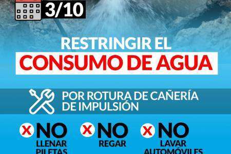 SERVICIOS SANITARIOS: Se solicita restringir el consumo de agua por rotura de cañería de impulsión