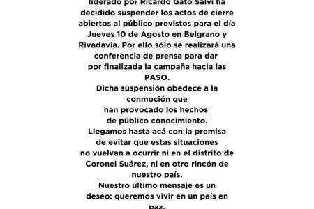 Suspensión del acto de cierre de campaña de la lista encabezada por Ricardo "Gato" Salvi
