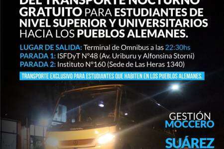 Mejora el recorrido del transporte nocturno gratuito para estudiantes del Nivel Superior y Universitarios hacia los pueblos alemanes