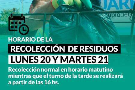 Horario de recolección de residuos del lunes 20 y martes 21 de noviembre