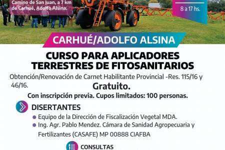 Dictarán un curso para aplicadores terrestres de fitosanitarios en Adolfo Alsina