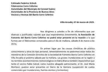 Información sobre reunión del Sábado 8 de Marzo de 2025