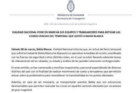 Vialidad Nacional activó equipos para mitigar el impacto del temporal en Bahía Blanca