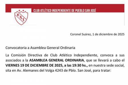 CLUB ATLÉTICO INDEPENDIENTE DE PUEBLO SAN JOSÉ - ASAMBLEA GENERAL ORDINARIA